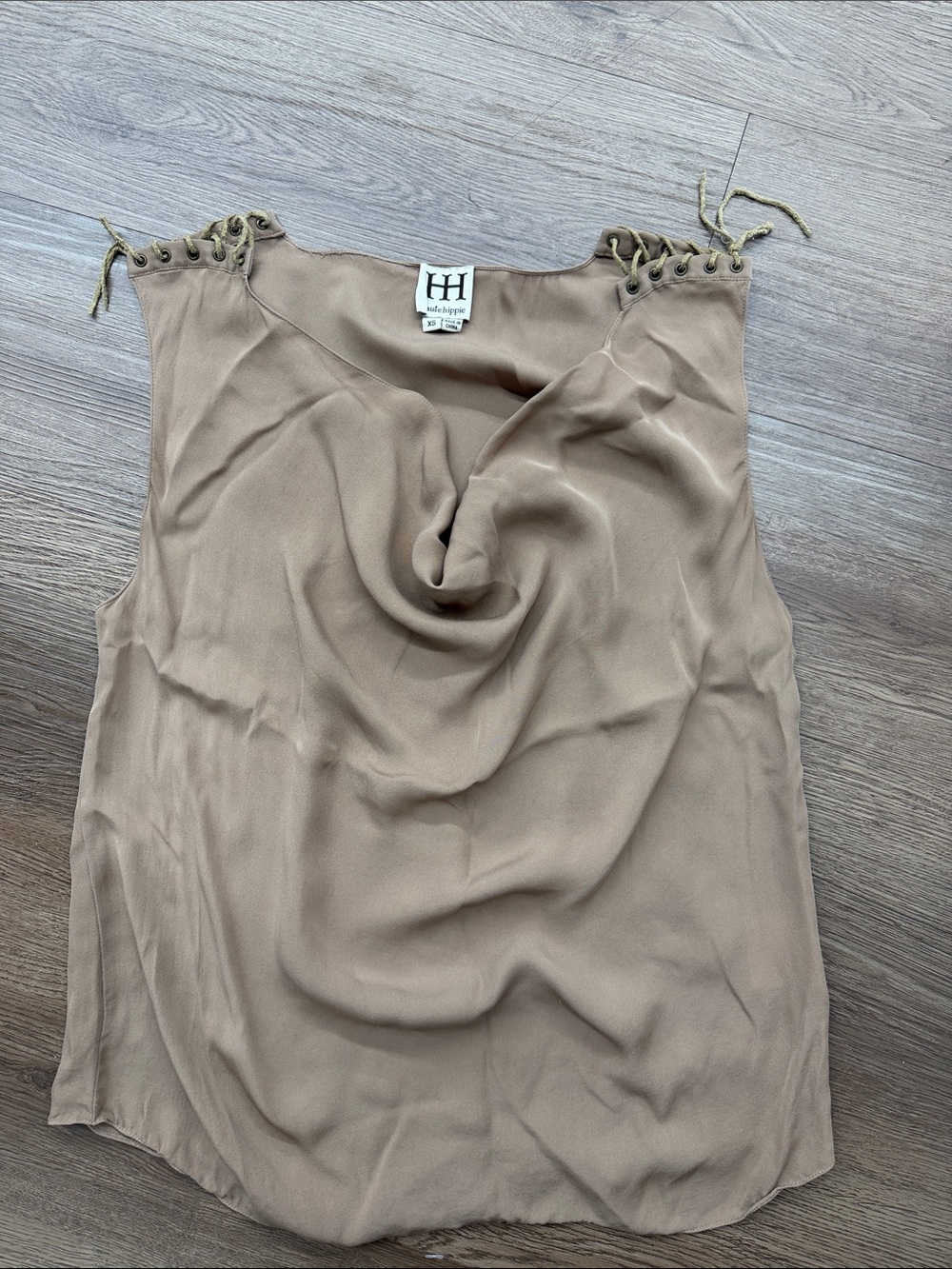 Haute Hippie Silk Tan Cowl Neck Lace-Up Shoulder Tank Sz XS